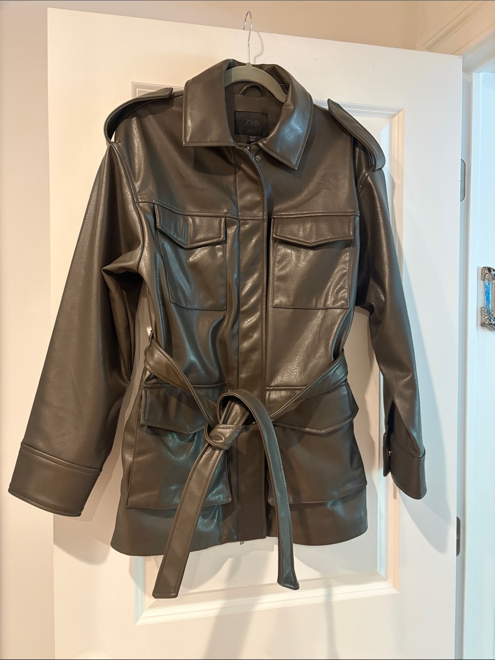 Zara Dark Olive Faux Leather Utility Jacket with Belt